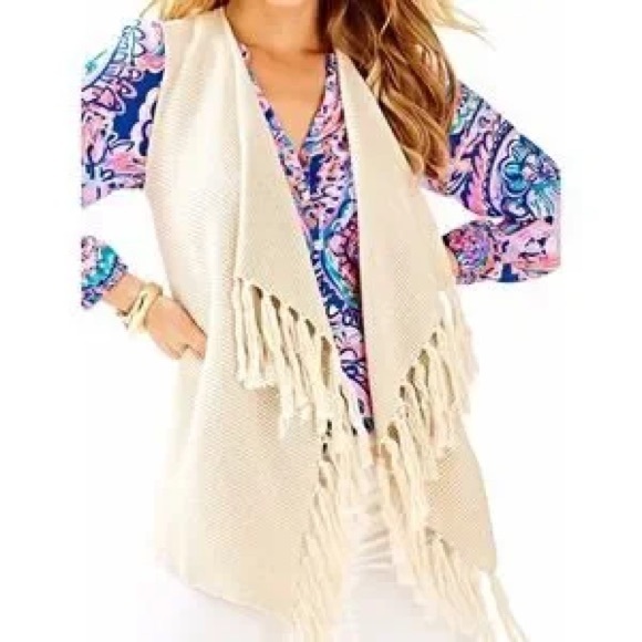 Lilly Pulitzer Andella Gold Knit Tassel Sweater Vest L - Picture 2 of 6